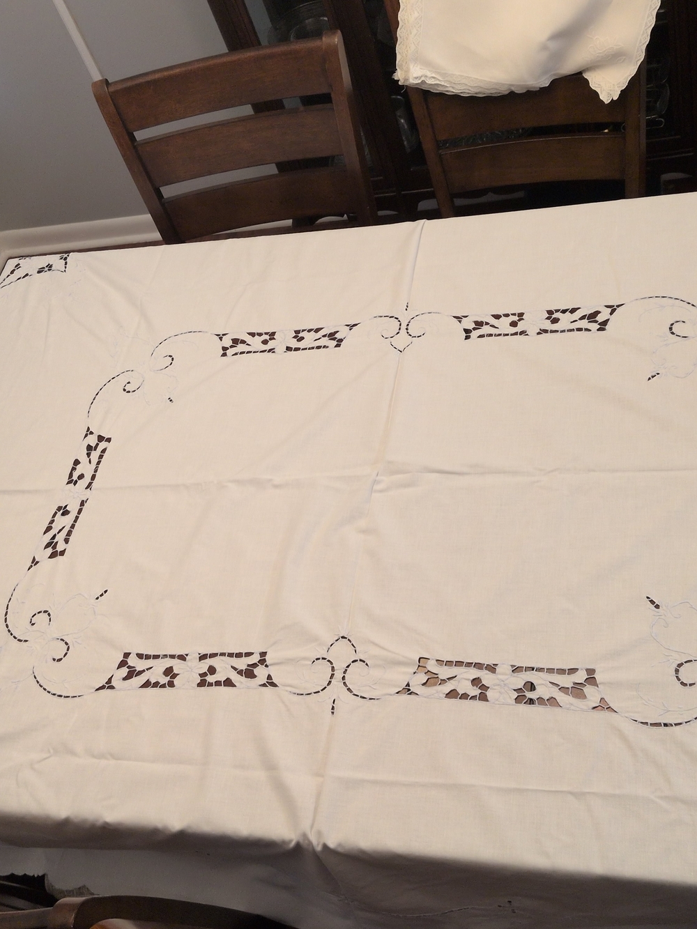 Vintage Linen Tablecloth Set • Baby Blue Embroidery • 70x65 + 8 Matching Napkins